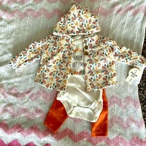 NWT 3 piece jacket and coordinating onsie and pants set for baby (0-3 months)